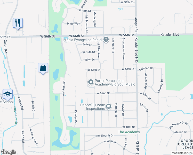 map of restaurants, bars, coffee shops, grocery stores, and more near 5251 Manning Road in Indianapolis