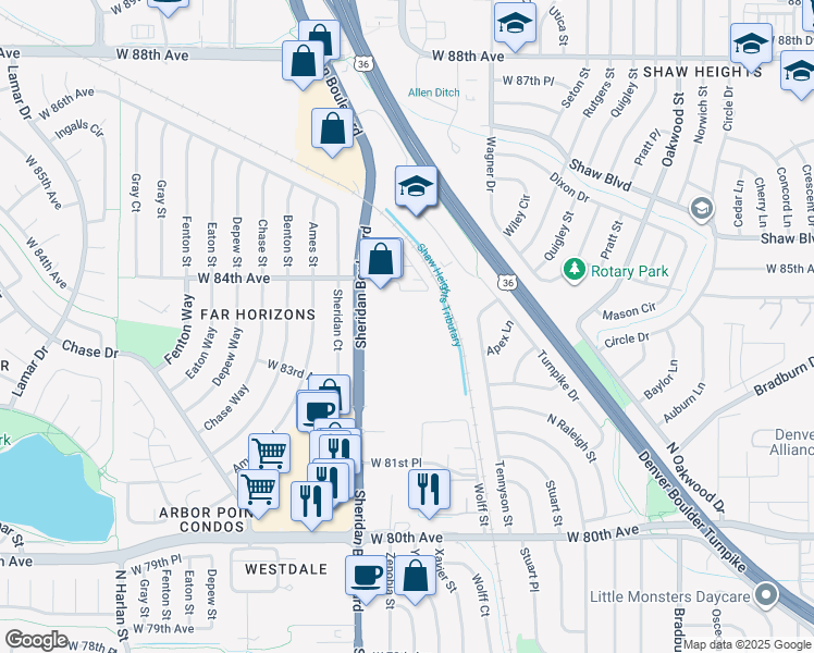 map of restaurants, bars, coffee shops, grocery stores, and more near 8300 Sheridan Boulevard in Westminster