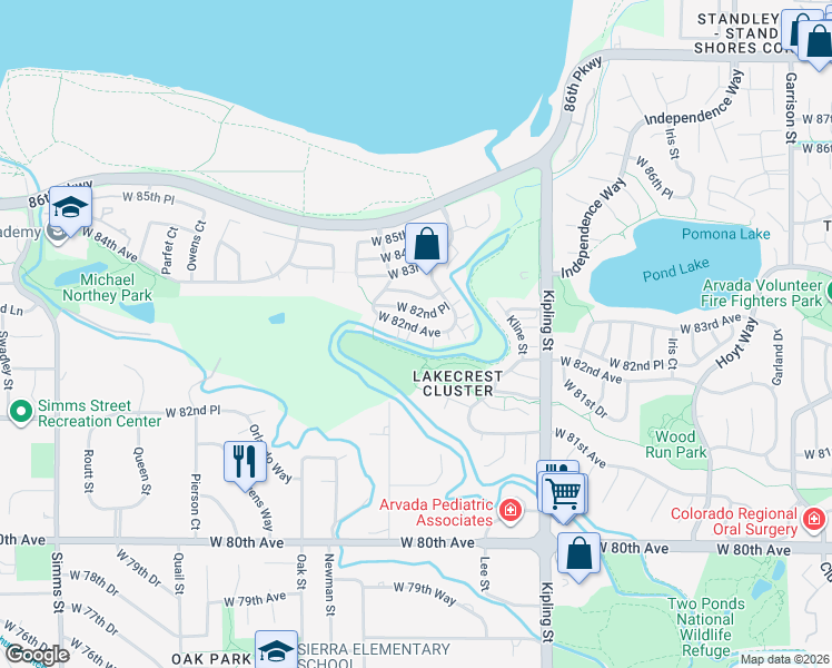 map of restaurants, bars, coffee shops, grocery stores, and more near 10456 West 82nd Avenue in Arvada