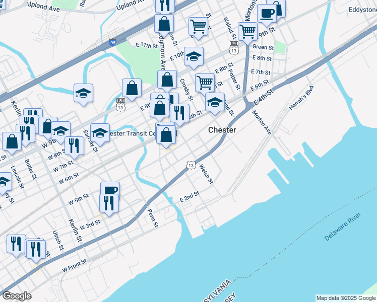 map of restaurants, bars, coffee shops, grocery stores, and more near 10-18 East 3rd Street in Chester