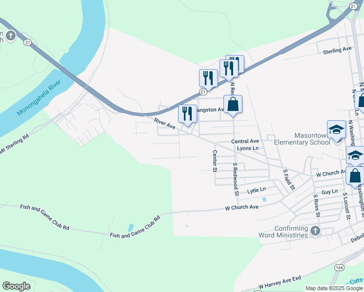 map of restaurants, bars, coffee shops, grocery stores, and more near 300 Cottage Avenue in Masontown