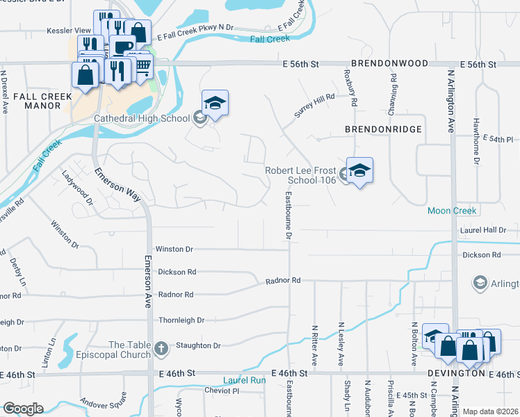 map of restaurants, bars, coffee shops, grocery stores, and more near 5120 Chatham Place in Indianapolis