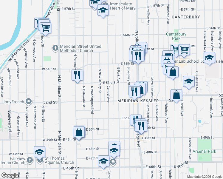 map of restaurants, bars, coffee shops, grocery stores, and more near 5225 Central Avenue in Indianapolis