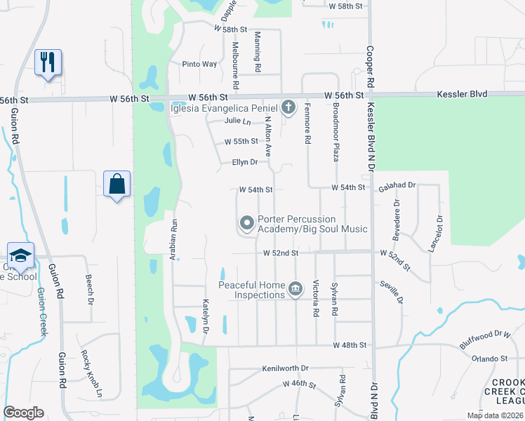 map of restaurants, bars, coffee shops, grocery stores, and more near 5251 Manning Road in Indianapolis
