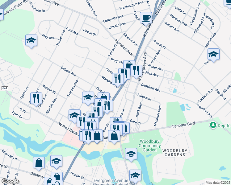 map of restaurants, bars, coffee shops, grocery stores, and more near 821 North Broad Street in Woodbury
