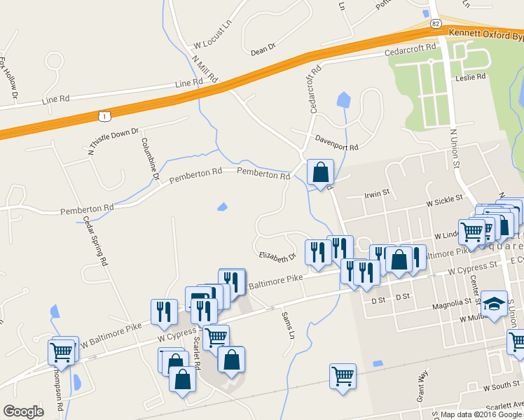 map of restaurants, bars, coffee shops, grocery stores, and more near 181 Penns Manor Drive in Kennett Square