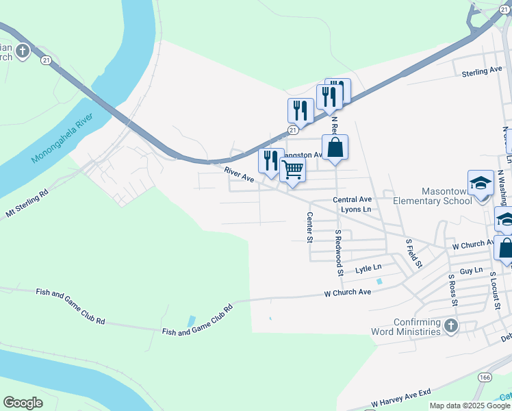 map of restaurants, bars, coffee shops, grocery stores, and more near 300 Cottage Avenue in Masontown