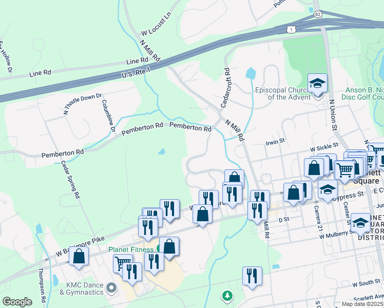 map of restaurants, bars, coffee shops, grocery stores, and more near 183 Penns Manor Drive in Kennett Square