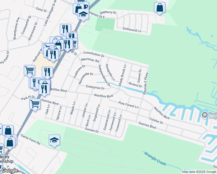 map of restaurants, bars, coffee shops, grocery stores, and more near 214 Nautilus Boulevard in Lacey Township