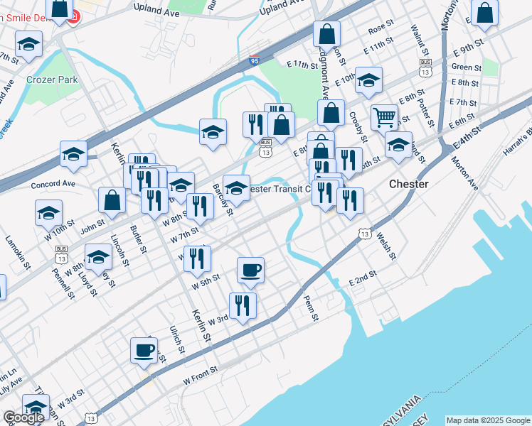 map of restaurants, bars, coffee shops, grocery stores, and more near 605 Penn Street in Chester