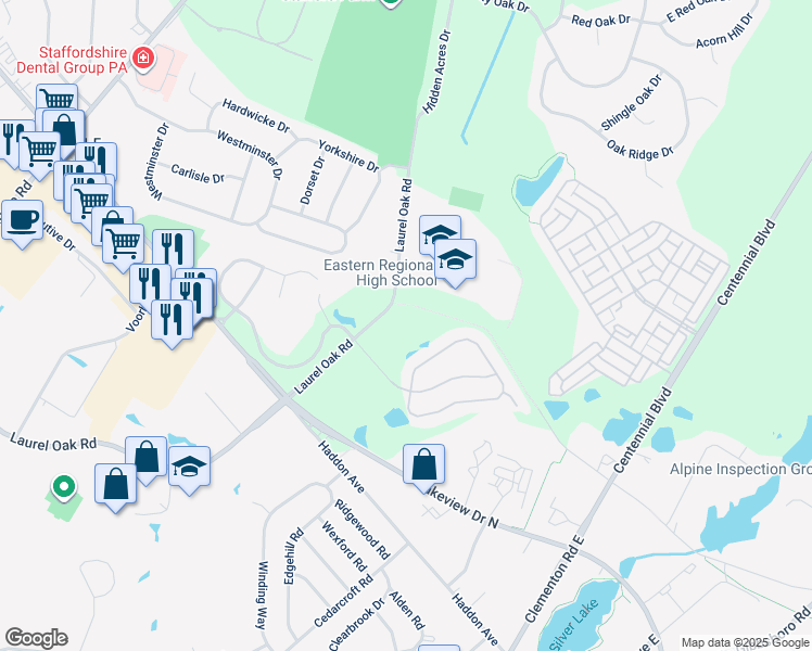 map of restaurants, bars, coffee shops, grocery stores, and more near 1301 Laurel Oak Road in Voorhees Township