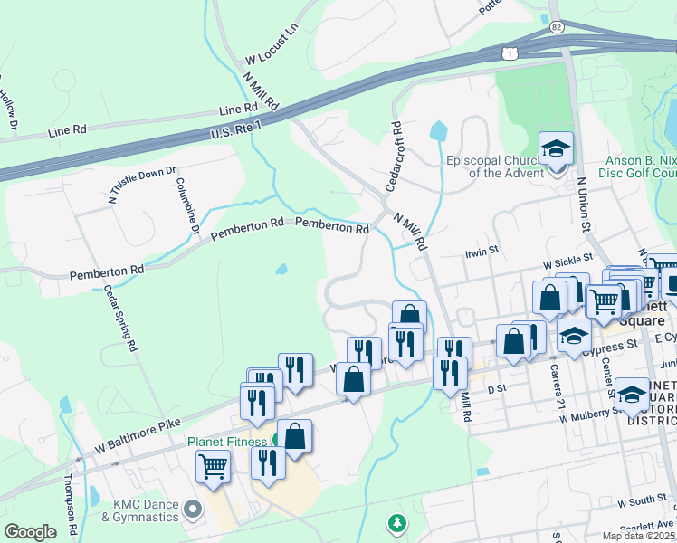 map of restaurants, bars, coffee shops, grocery stores, and more near 187 Penns Manor Drive in Kennett Square