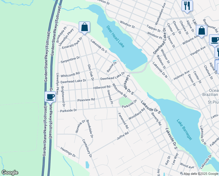 map of restaurants, bars, coffee shops, grocery stores, and more near 1835 Deerhead Lake Drive in Lacey Township