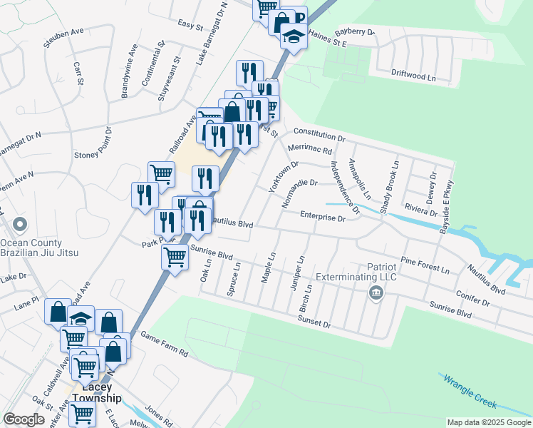 map of restaurants, bars, coffee shops, grocery stores, and more near 305 Yorktown Drive in Lacey Township