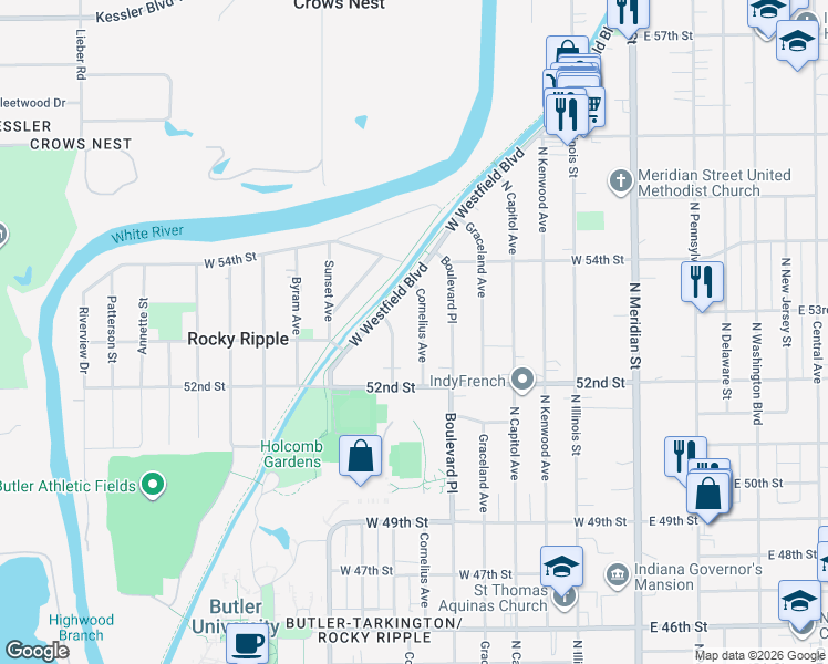 map of restaurants, bars, coffee shops, grocery stores, and more near 421 West Westfield Boulevard in Indianapolis