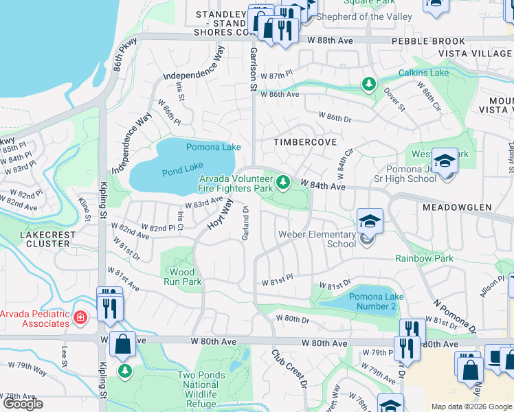 map of restaurants, bars, coffee shops, grocery stores, and more near 8393 Flower Court in Arvada