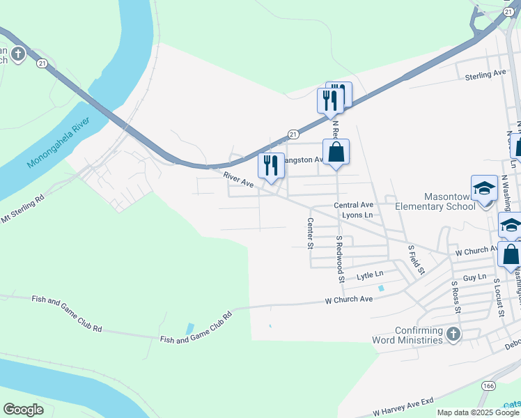 map of restaurants, bars, coffee shops, grocery stores, and more near 2 South 2nd Street in Masontown