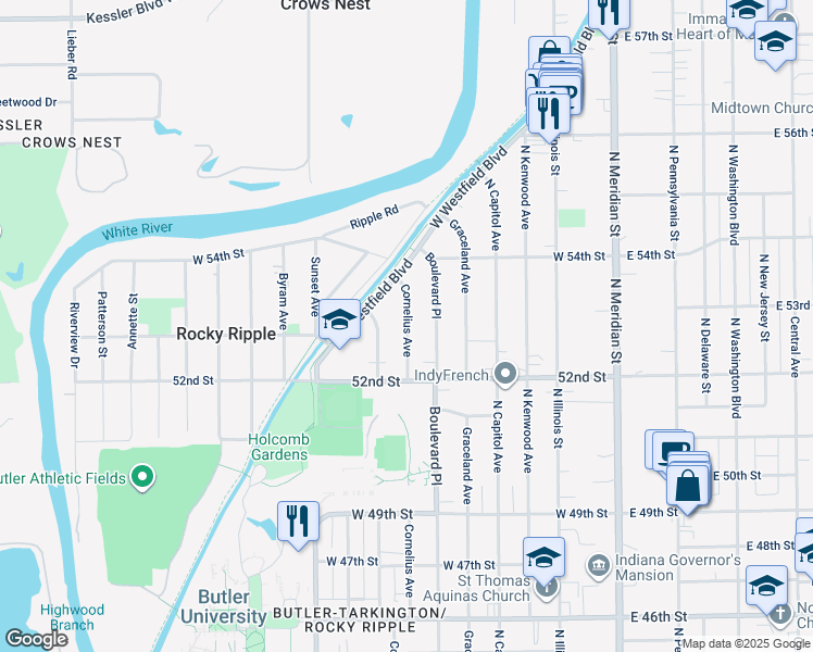 map of restaurants, bars, coffee shops, grocery stores, and more near 421 West Westfield Boulevard in Indianapolis
