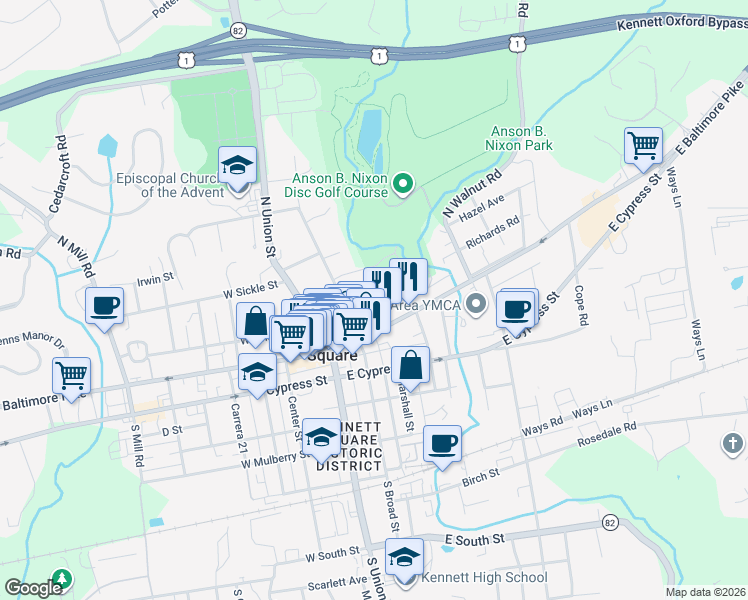 map of restaurants, bars, coffee shops, grocery stores, and more near 311 East Linden Street in Kennett Square