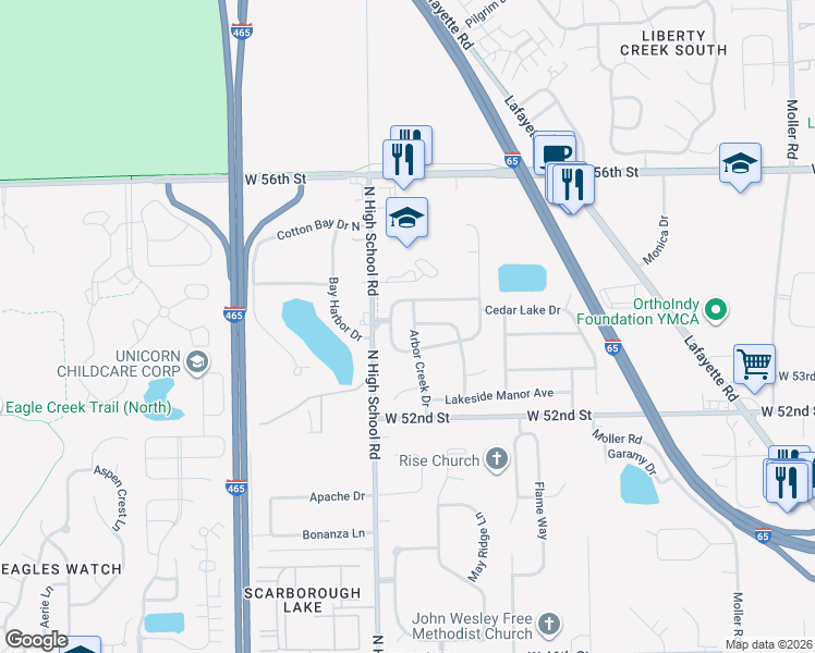 map of restaurants, bars, coffee shops, grocery stores, and more near 5368 Arbor Creek Drive in Indianapolis