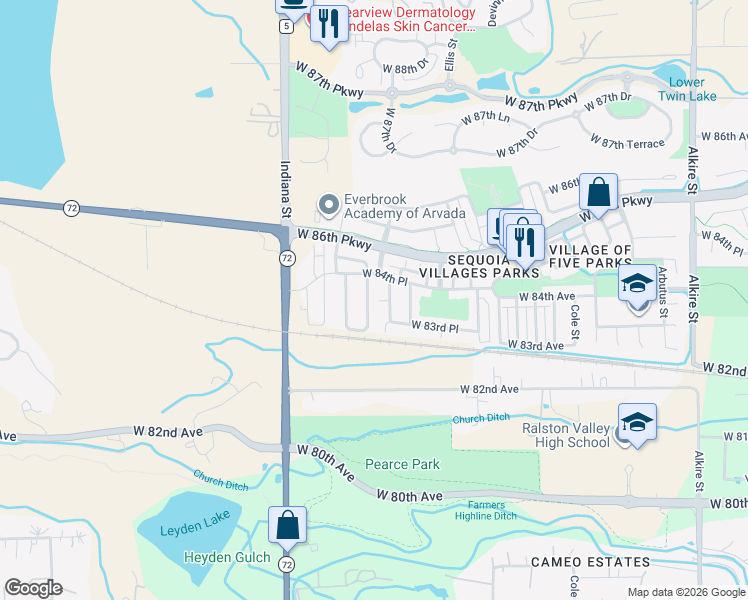 map of restaurants, bars, coffee shops, grocery stores, and more near 8390 Gardenia Street in Arvada