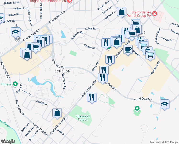 map of restaurants, bars, coffee shops, grocery stores, and more near 1138 Bibbs Road in Voorhees Township
