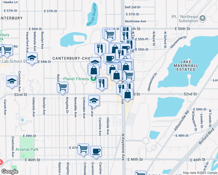 map of restaurants, bars, coffee shops, grocery stores, and more near 2252 E 53rd St in Indianapolis