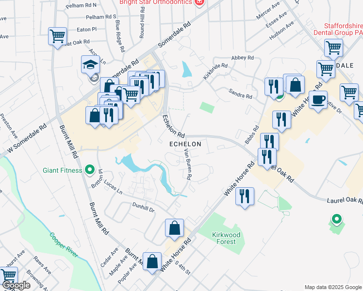 map of restaurants, bars, coffee shops, grocery stores, and more near 116 Van Buren Road in Voorhees Township