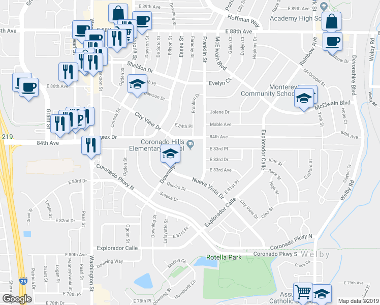 map of restaurants, bars, coffee shops, grocery stores, and more near 8300 Downing Drive in Denver
