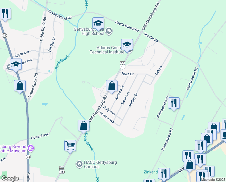 map of restaurants, bars, coffee shops, grocery stores, and more near 961 Old Harrisburg Road in Gettysburg
