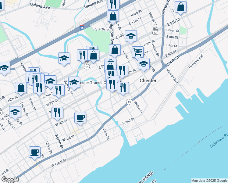 map of restaurants, bars, coffee shops, grocery stores, and more near 512 Avenue of the States in Chester