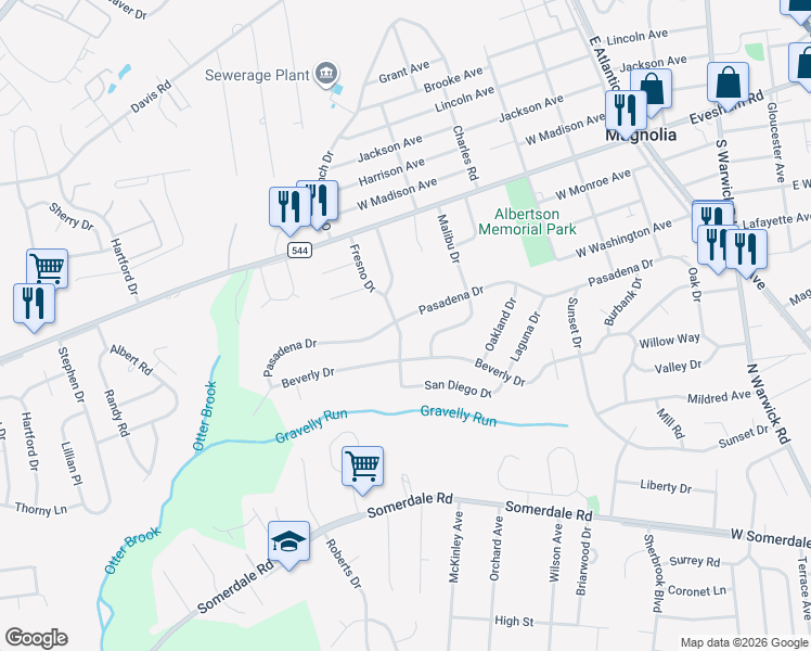 map of restaurants, bars, coffee shops, grocery stores, and more near 2 Fresno Drive in Magnolia