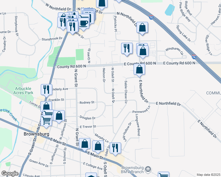 map of restaurants, bars, coffee shops, grocery stores, and more near 515 North Odell Street in Brownsburg