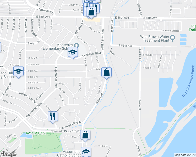 map of restaurants, bars, coffee shops, grocery stores, and more near 2540 East 84th Avenue in Denver
