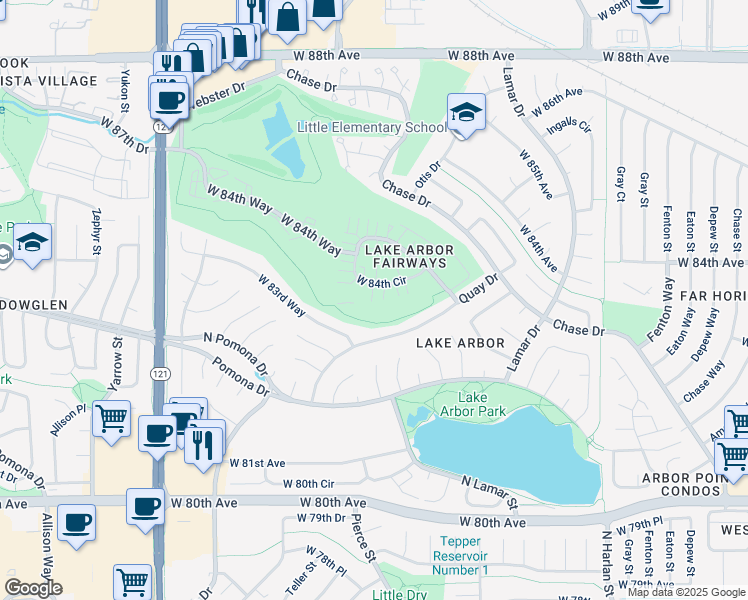 map of restaurants, bars, coffee shops, grocery stores, and more near 6735 West 84th Circle in Arvada