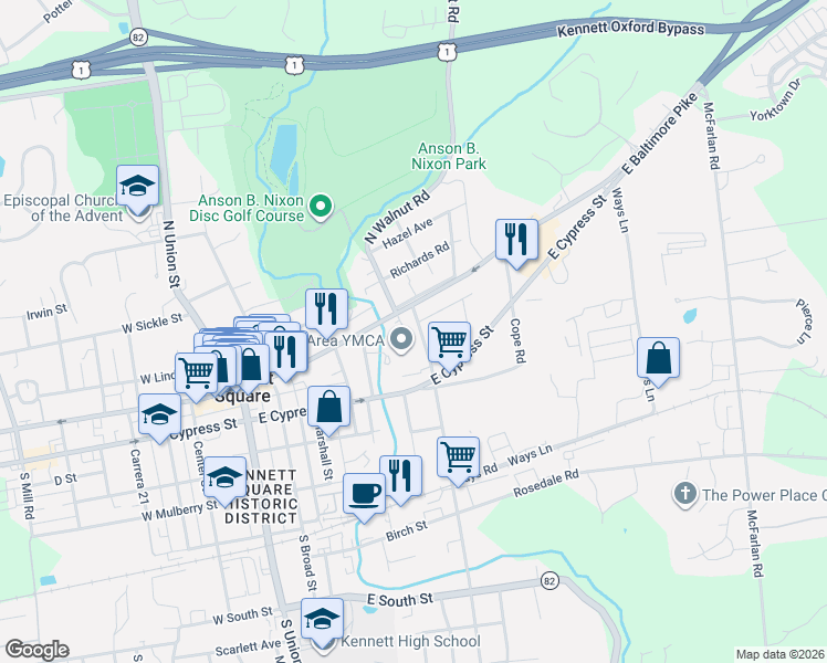 map of restaurants, bars, coffee shops, grocery stores, and more near 100 South Walnut Street in Kennett Square
