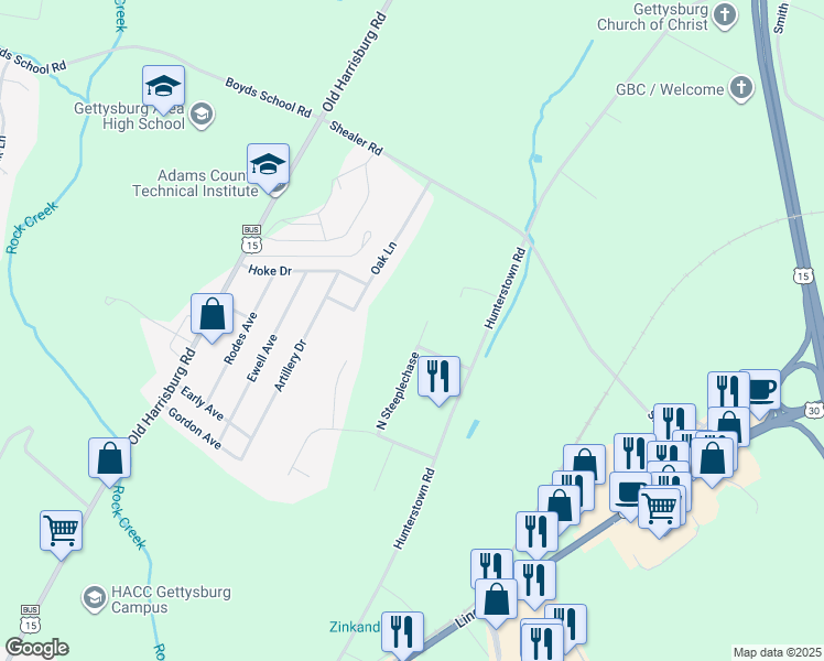 map of restaurants, bars, coffee shops, grocery stores, and more near 60 North Steeplechase in Gettysburg