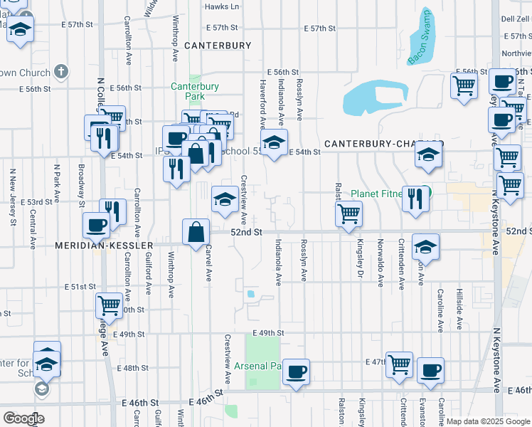 map of restaurants, bars, coffee shops, grocery stores, and more near 5234 Luzzane Drive in Indianapolis
