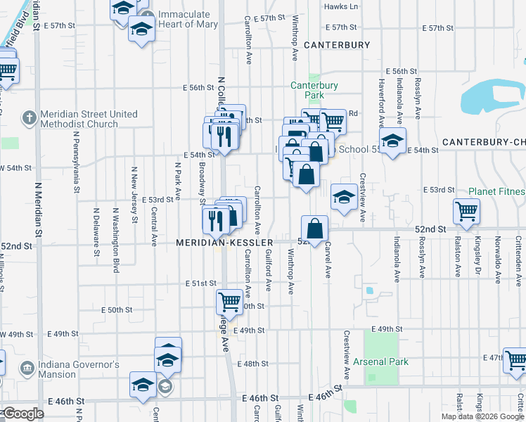 map of restaurants, bars, coffee shops, grocery stores, and more near 5301 Carrollton Avenue in Indianapolis