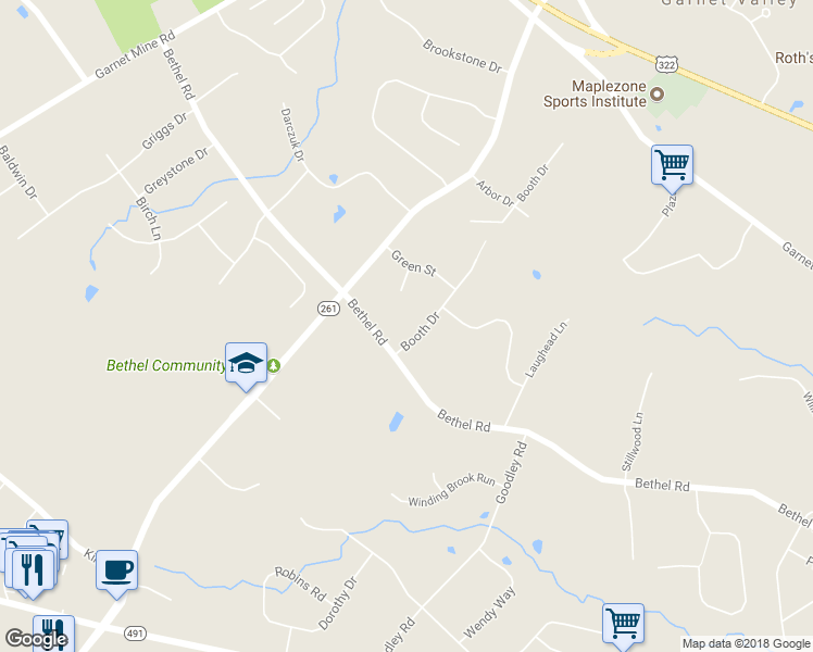 map of restaurants, bars, coffee shops, grocery stores, and more near 3189 Booth Drive in Garnet Valley
