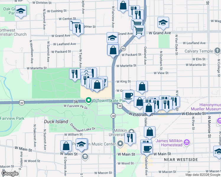 map of restaurants, bars, coffee shops, grocery stores, and more near 855 North Fairview Avenue in Decatur