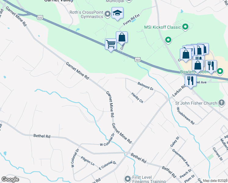 map of restaurants, bars, coffee shops, grocery stores, and more near 4461 Garnet Mine Road in Boothwyn