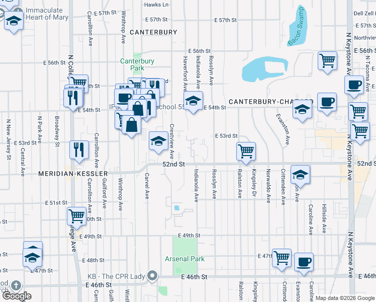 map of restaurants, bars, coffee shops, grocery stores, and more near 5234 Luzzane Drive in Indianapolis