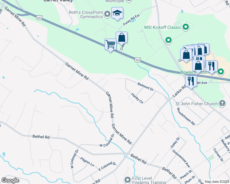 map of restaurants, bars, coffee shops, grocery stores, and more near 4461 Garnet Mine Road in Boothwyn