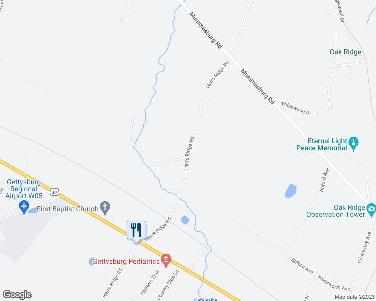 map of restaurants, bars, coffee shops, grocery stores, and more near Herrs Ridge Road in Gettysburg