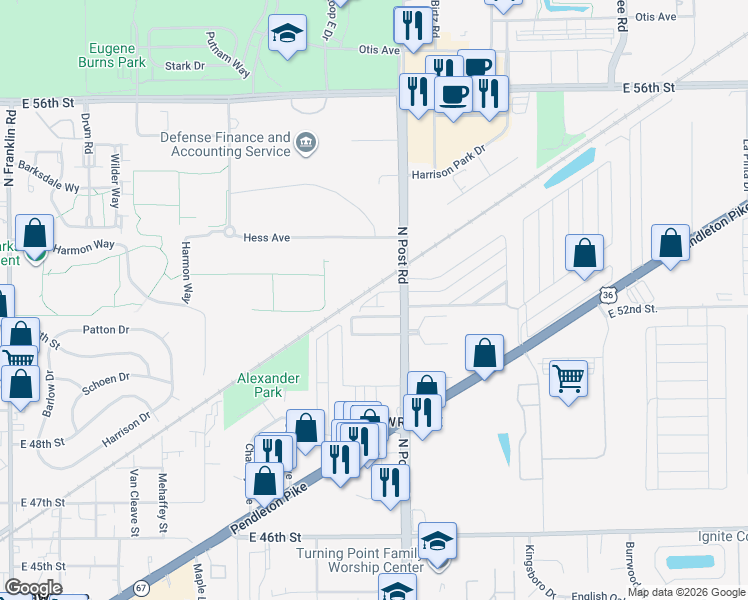 map of restaurants, bars, coffee shops, grocery stores, and more near 5150 North Post Road in Indianapolis