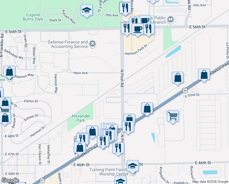 map of restaurants, bars, coffee shops, grocery stores, and more near 5150 North Post Road in Indianapolis