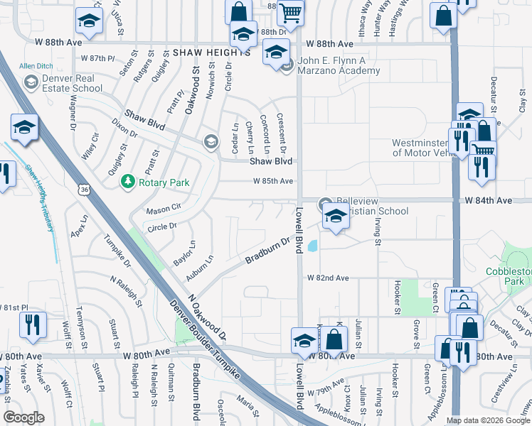 map of restaurants, bars, coffee shops, grocery stores, and more near 3650 West 84th Avenue in Westminster