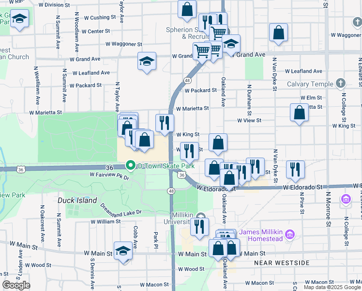 map of restaurants, bars, coffee shops, grocery stores, and more near 1269-1299 W King St in Decatur