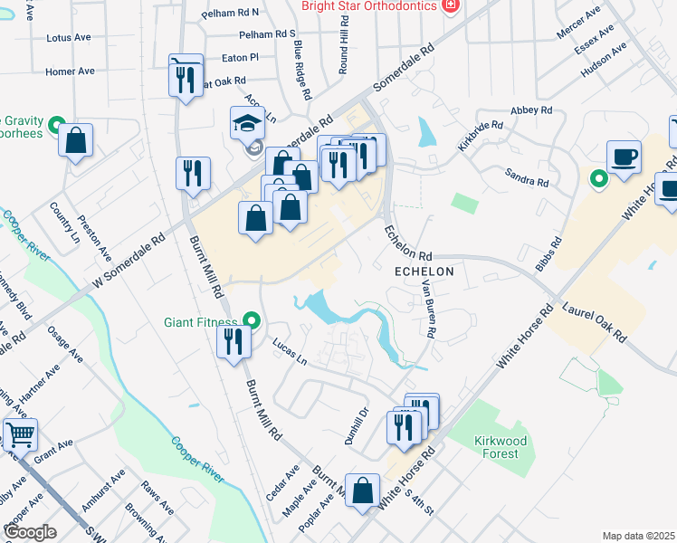 map of restaurants, bars, coffee shops, grocery stores, and more near 209 Laurel Road in Voorhees Township